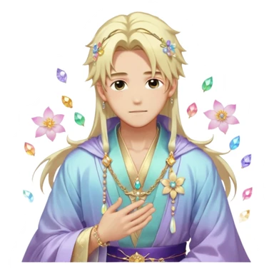 Beautiful gorgeous romantic blushing youthful handsome anime guy with beautiful iridescent-pastel-whitish-special-medium-long-hair, fashion aesthetic, ethereal, fairycore, pastelcore, flower petals, crystals, layered robes, accessories, jewelries, gold, colorful, shiny, trending style, outside sticker