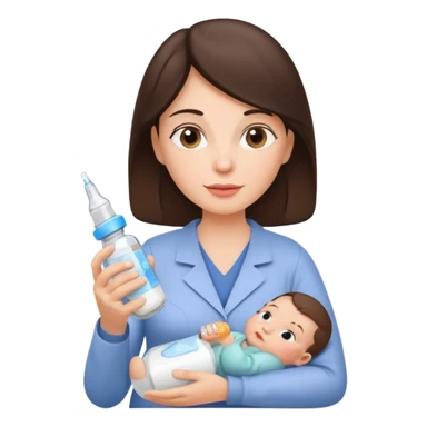 Brunette Mother holding a baby bottle with milk and a vaccine syringe sticker