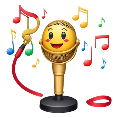 Create a vibrant and dynamic emoji that represents pop vocal performance without people. The design should feature a close-up of a classic stage microphone (retro-style) with a lanyard, set against a stage background. Add concert lighting, a celebratory salute of confetti or fireworks in the background, and musical notes forming a ribbon, symbolizing the performance and creativity of pop vocals. Include subtle elements like a formal stage costume to emphasize the professional aspect. Use bright, bold colors like gold, red, and neon to reflect the energetic and glamorous nature of pop vocal performance. The background should be transparent. sticker