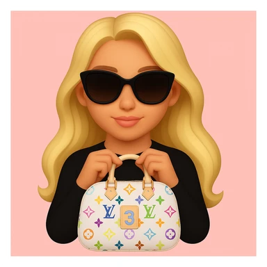 Remove all jewelry, make her lips a lighter pink, adjust her skin tone to be slightly more tan, and change the Louis Vuitton bag to a Speedy 30 Multicolore in white with rainbow monogram. Keep the pink background and sunglasses. sticker