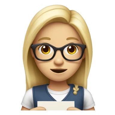 A blond girl with long hair and with glasses holding a heart enveloppe in her hand and pulling out a letter that says ‘im sorry tony’ sticker