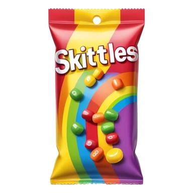 A damaged Skittles package repaired with strips of clear scotch tape, colorful packaging with rainbow colors, minimalist sticker