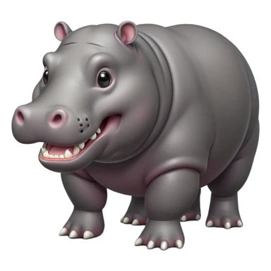 cinematic-hippo-realistic-full-body-side-view-standing-on-all-fours-emoji,-massive-round-frame,-wide-mouthed-grin-exposing-huge-teeth,-head-tilted-dramatically,-thick-grey-hide-glossy, big cute eyes sticker