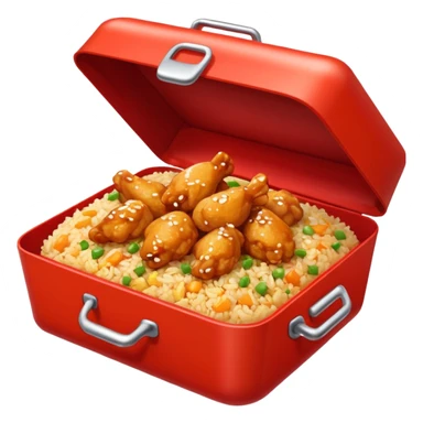 Orange chicken and fried rice in a red box sticker