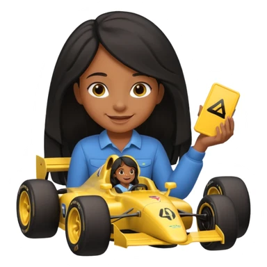  long black haired black girl kid playing yellow colored formula 1 car toy sticker