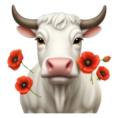 Realistic cute White Bull Ox with many poppies on big horns sticker