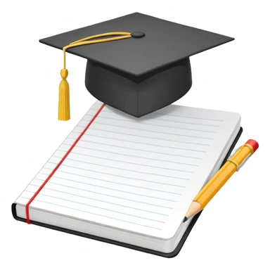 Front-facing school notebook with a small graduation cap on top, minimal line-art, clean modern style, straight angle, simple outlines, slightly 3D, no background, transparent, represents “school / sixth form / Year 13 sticker