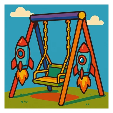 a children's swing with rockets mounted on both sides of the seat, whimsical style, vibrant toon style sticker