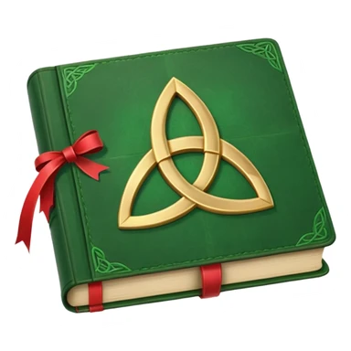 a green closed book with a golden triquetra on it with a red ribbon between the paged sticker