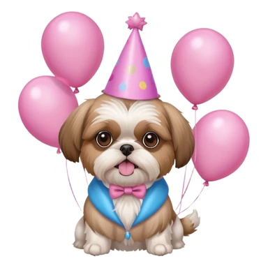 cute shih tzu hold a few pink balloons  in both arms with pink birthday hat sticker