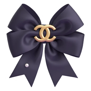Change the bow to a double-layered satin ribbon bow, keep pearls and gold Chanel logo, elegant, glossy, black and white, 3D emoji style, with no background sticker