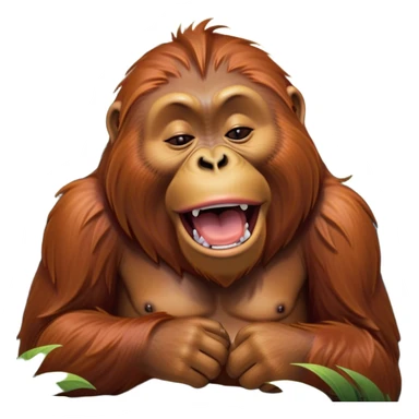 Cinematic Cute Yawning Orangutan Portrait Emoji, Head tilted slightly with a dramatic, wide-open yawn, showcasing a richly textured face with half-closed, sleepy eyes and a relaxed, open expression, Simplified yet irresistibly adorable features, highly detailed, glowing with a soft, cozy jungle glow, high shine, relaxed yet expressive, stylized with a dash of whimsical charm, soft glowing outline, capturing the essence of a drowsy yet affectionate guardian that appears ready to stretch out for a nap! sticker