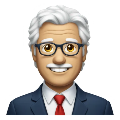 A fat older man, white hair, with glasses, no beard, smiling with teeth, and wearing a navy blue suit and red tie sticker