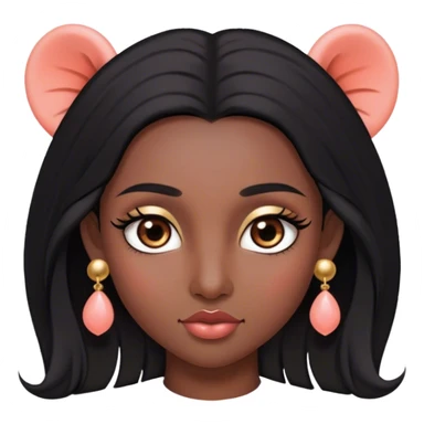 Pelo negro largo lacio hacia el frente,tes morena oscura, cejas pronunciadas, ojos grandes con pestañas largas color marrón oscuro los ojos, nariz pequeña, labios grandes con arco de cupido color coral claro, orejas pequeñas y con pantallas pequeñas de bolita color oro sticker