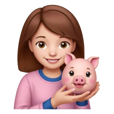 girl with brown hair holding little piggy  sticker