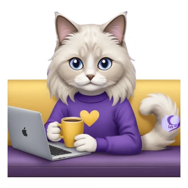 a cute blue eyed brown and white ragdoll cat with white paws and brown and beige tail wearing the dark violet sweater with yellow letteting "Milena" sitting on the grey sofa with grey laptop and drinking coffee sticker