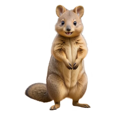 cinematic-quokka wallaby-realistic-full-body-standing on its hind legs hunched over-emoji,-small-round-frame-balanced-on-tiny-strong-hind-legs,giant fluffy cheeks large smile-fluffy-brown-fur-radiating-a-warm-softness,-big-round-eyes-filled-with-joy-and-innocence,-tiny-clawed-paws-held-close-to-chest,-cheerful-smile-exuding-endearing-happiness,-simplified-yet-realistic-focused-features,-highly-detailed,-glowing-with-a-sunny-warmth, skinny tail sticker