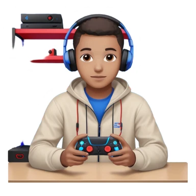 Black Muslim gamer sitting in a gaming setup with LED lights (red/blue), PS5 2025 controller in hand, confident pose, headphones around neck, posters and shelves in background, high-resolution portrait, crisp details, cinematic lighting. sticker