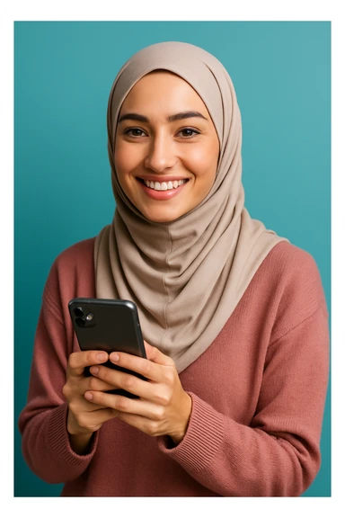 hijabi woman holding a phone, smiling at camera, friendly expression, modern style, clear facial features sticker