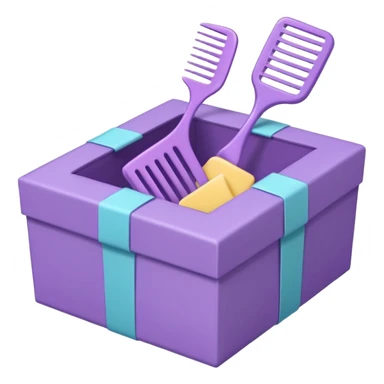 A cute emoji-style illustration of a purple gift box opened, with a comb inside the box. Soft pastel purple tones, simple shapes, rounded edges, clean lines, kawaii style, minimal details, bright and friendly expression, centered composition, transparent background, sticker emoji design sticker