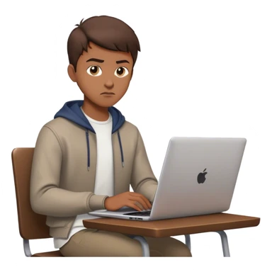 Emoji: A confident young man with short brown hair, focused while working on a sleek, modern laptop. He has a determined expression, wearing a casual but stylish outfit. The background is minimalistic, emphasizing productivity. sticker
