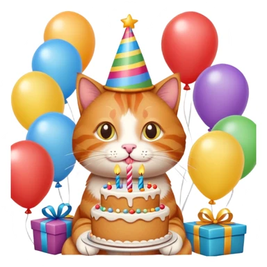 Ginger cat celebrates birthday, birthday hat, birthday cake, balloons, happy, gifts sticker