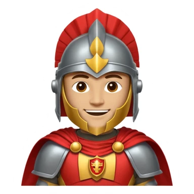 A friendly Trojan warrior mascot with a large cartoon-style head, wearing a silver helmet with a red crest and black cheek guards. confident smile. The character wears dark armor with metallic details and a bright yellow cape sticker