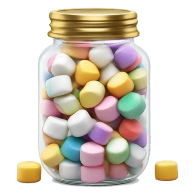 Realistic colorful marshmallows in a glass jar with a gold screw on lid on the top. sticker