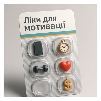 Create an ironic 3D illustration of blister pack tablets in the style of a pharmacy product, but with a satirical twist.
Instead of regular capsules, there should be miniature symbolic objects inside that represent a ‘cure’ for a specific modern problem, condition, or desire.
Title: "Ліки для мотивації". sticker