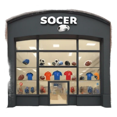 “Soccer store exterior with bold signage, large windows showcasing football gear, jerseys, and accessories, and a dynamic, athletic design reflecting the energy of the sport.” sticker