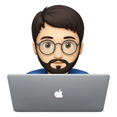 23 year old Azerbaijani man with very dark brown hair and beard with glasses and laptop , light yellow skin face, not European, glasses like a harry potter sticker