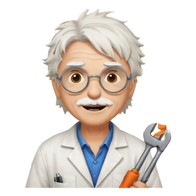 Portrait of an eccentric inventor with messy white hair, round goggles on forehead, wrinkled face with excited expression, wearing a slightly burnt lab coat, background of workshop with blueprints and tools sticker