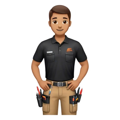 A skilled building technician with a friendly smile. He wears a black polo shirt with a company logo and dark work pants equipped with tool holsters. Holding a diagnostic tool and cables, he appears focused and professional, ready for maintenance or repair tasks. sticker