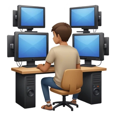 “A young man sitting with his back turned, surrounded by screens, editing a video.” sticker