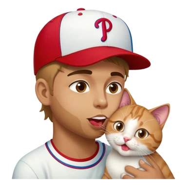 A guy wearing a Phillies hat licking a cat sticker
