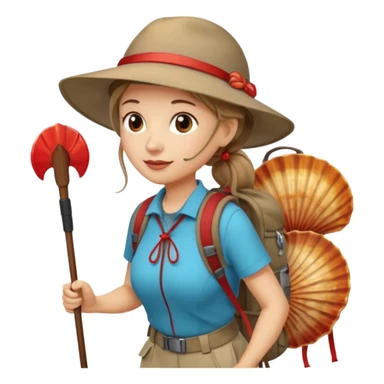 Middle aged women, long brown ponytail with wide brim hiking hat. With backpack and trekking poles. Backpack has a scallop shell with the cross of saint james hanging from it.  Remove the cross and add a scallop shell on a red string hanging from the backpack  sticker