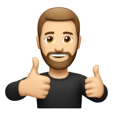 White man with beard, without mustache, hair color brown, hairstyle - straight hair combed to the right, black and red background, thumbs up gesture, in front of the computer sticker