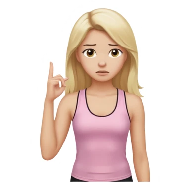Create a young woman with long blonde hair, golden eyes, and medium-light skin tone, wearing a light pink tank top and leggings. She should be in portrait mode, but with a subtle doubting facial expression—slightly raised eyebrow, small frown, .  and her hand next to her chin like a thinker sticker