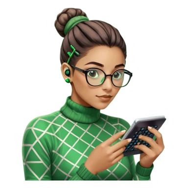 Gender: Non-binary Hair: Tight bun secured with calculator-shaped hairpin Face: Glasses reflecting scrolling green data streams Clothes: Geometric-patterned turtleneck with fingerless gloves Action: Floating in matrix-like numbers with Ctrl+C/V aura sticker