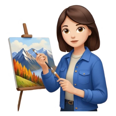 Brunette Artist painting a beautiful autumn mountain peak destination on canvas sticker