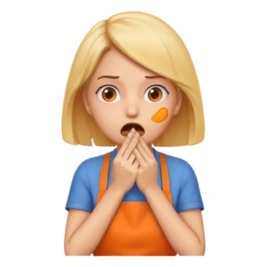 scared woman with her hands on her mouth, emoji style, more details, sideways pose, orange apron, different pose, different expression sticker