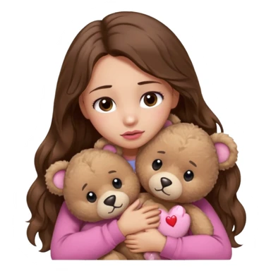 girl with long wavy brown hair, brown eyes, light to medium complexion, in a pink shirt, pink lips, long lashes, sad crying , hugging a teddy bear with a  heart sticker