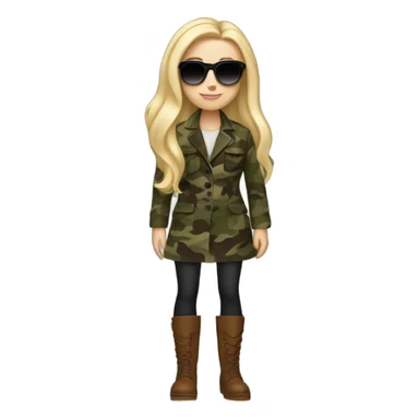 White girl with Long blonde hair and round Sun glases, camouflage Wool oversize blazer, mini dress and Brown leather boots  sticker
