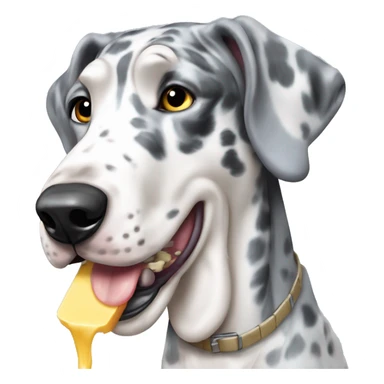 Blue Merle Great Dane eating butter sticker