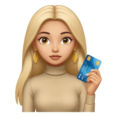 a pretty bratz fair indian girl wearing a beige turtleneck, golden earrings, straight ling hair, holding bank cards sticker