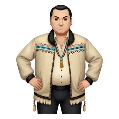unhealthy steven segal full-body balding with ponytail. pot belly. native american style jacket-with-tassles black pants big belly sticker