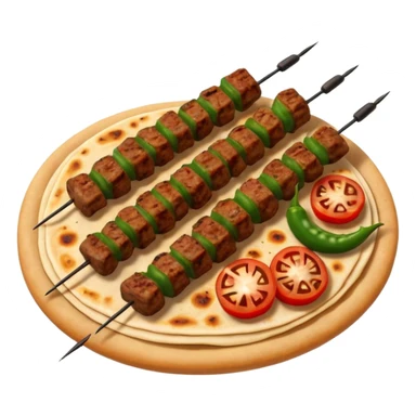 Adana kebab object icon, spicy grilled minced meat skewer, served on flatbread, grilled tomatoes and green peppers on the side, smoky char marks, juicy texture, 3D cartoon, mobile game icon style, centered, clean background, no text, no watermark
 sticker