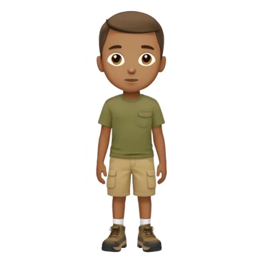 boy wearing an olive-green shirt over a brown T-shirt with beige cargo shorts sticker