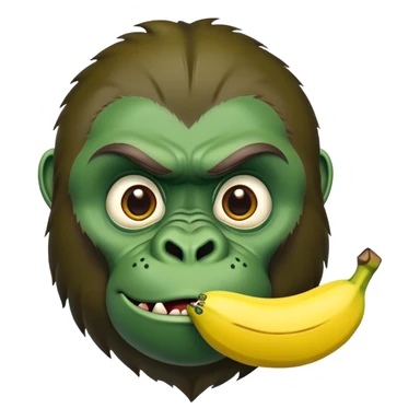A cartoon banana with a forest green gorilla face, big nostrils and menacing expression sticker