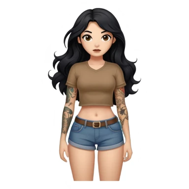 A girl with fair skin and a little fat - long black hair with big waves - tattoos on the upper arm - no tattoos on the lower arm - wearing a brown navel-revealing short-sleeved shirt - full body photo sticker